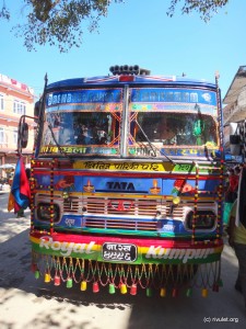 Colorful buses on the way to Dhading Besi.